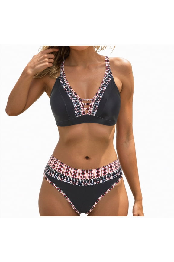 Women's Sexy Scoop Neck Bikini Sets Color Block High Cut Thong Cheeky Two Pieces Swimsuit Bathing Suit(Black,XXXL)