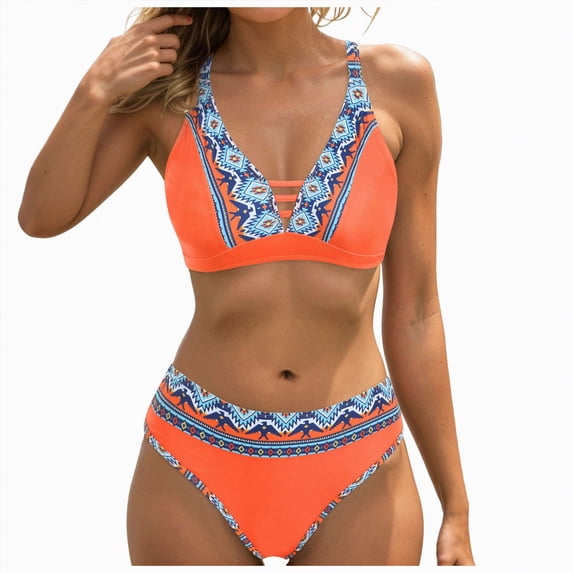 Hessimy Women's Sexy Scoop Neck Bikini Sets Color Block High Cut Thong Cheeky Two Pieces Swimsuit Bathing Suit(Orange,S)