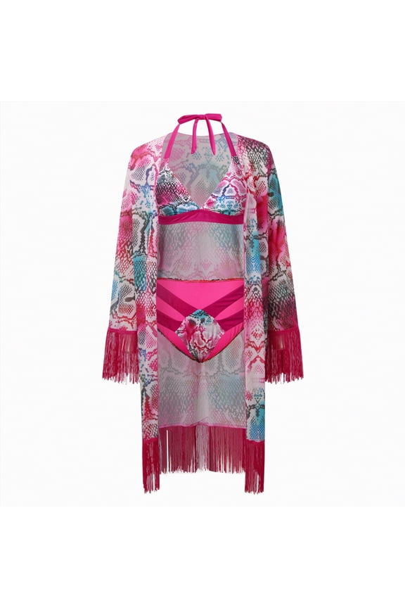 Women's Sexy V Neck Bikini Sets Hollow Out Two Piece Swimsuits Cutout Mid Waist Bathing Suit（Hot Pink,XL)