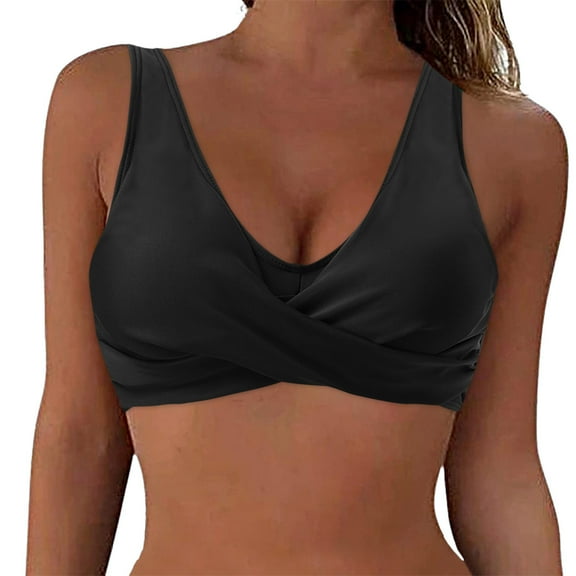 Hessimy Women's Sexy V Neck Twist Front Criss Cross Back Ruched Push Up Supportive Swimsuit Bikini Tops Only(Black,L)