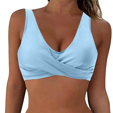 Hessimy Women's Sexy V Neck Twist Front Criss Cross Back Ruched Push Up Supportive Swimsuit Bikini Tops Only(Light Blue,M)