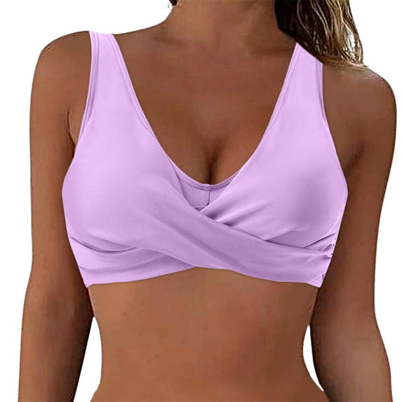 Hessimy Women's Sexy V Neck Twist Front Criss Cross Back Ruched Push Up Supportive Swimsuit Bikini Tops Only(Purple,XXL)