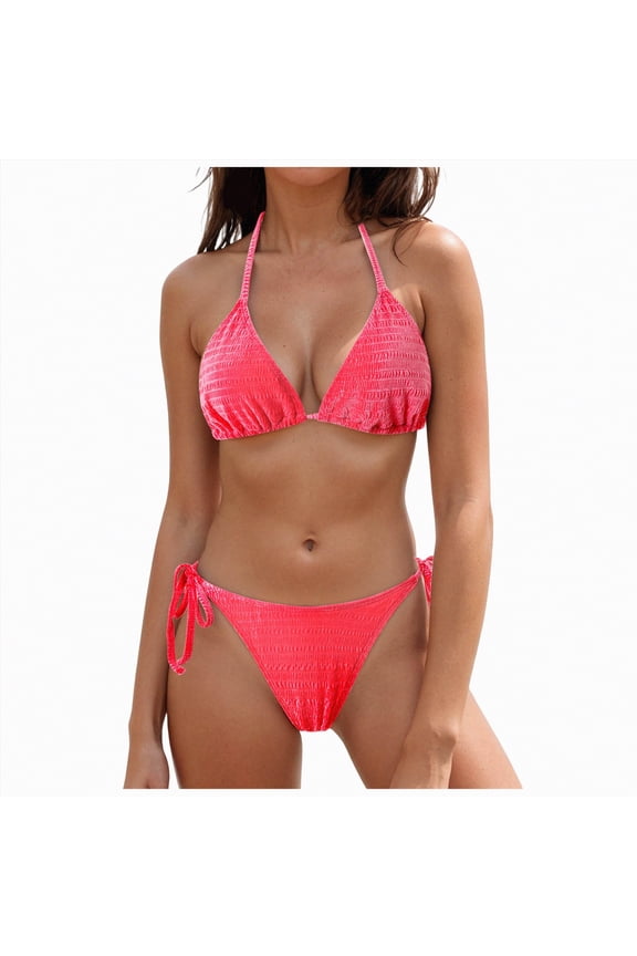 Women's Splice Ruffle Trim Bikini Sets Tie Side Swimsuits High Waisted Bathing Suits（Hot Pink,S)