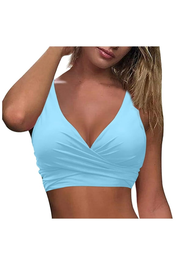 Women's Twist Front Bikini Top V Neck Push Up Padded Swimsuit Top Bathing Suits Adjustable Backless Beach Swimwear(Light Blue,XL)