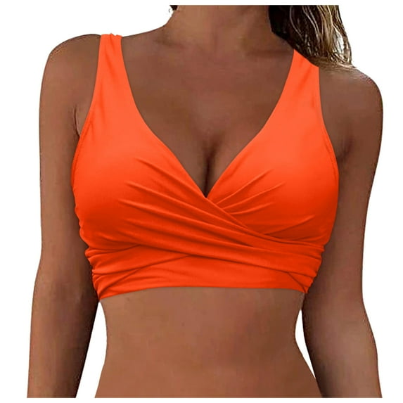 Hessimy Women's Twist Front Bikini Top V Neck Push Up Padded Swimsuit Top Bathing Suits Adjustable Backless Beach Swimwear(Orange,L)