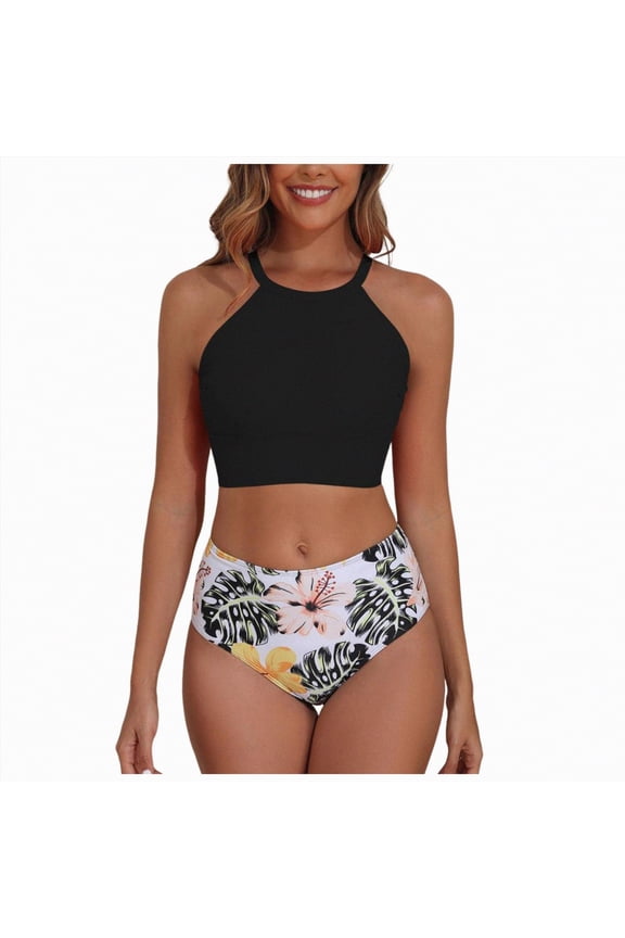 Women's Two Piece Bikini Sets Sexy Halter Ring Swimsuit Triangle String Cheeky Bathing Suit(Black,S)