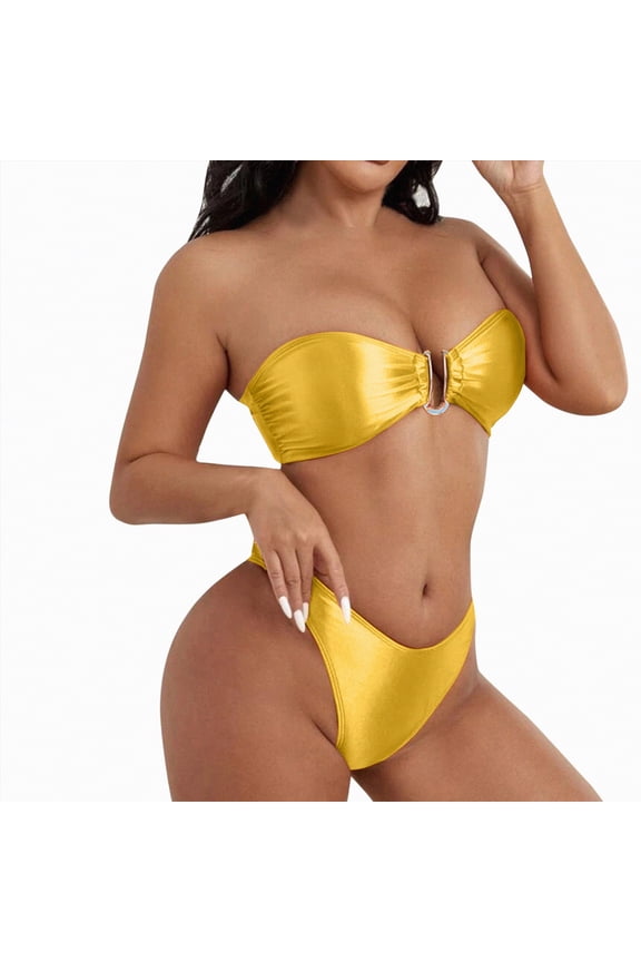 Women's Two Piece Bikini Swimsuit Sexy Triangle Top Bathing Suits String Cheeky Bikini Sets（Yellow,M)