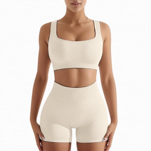 Hessimy Women's Yoga Outfits 2 Piece High Waisted Leggings with Sports Bra Gym Clothes Sets(Beige,M)