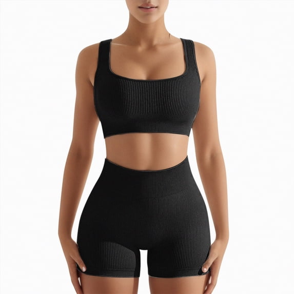 Hessimy Women's Yoga Outfits 2 Piece High Waisted Leggings with Sports Bra Gym Clothes Sets(Black,L)
