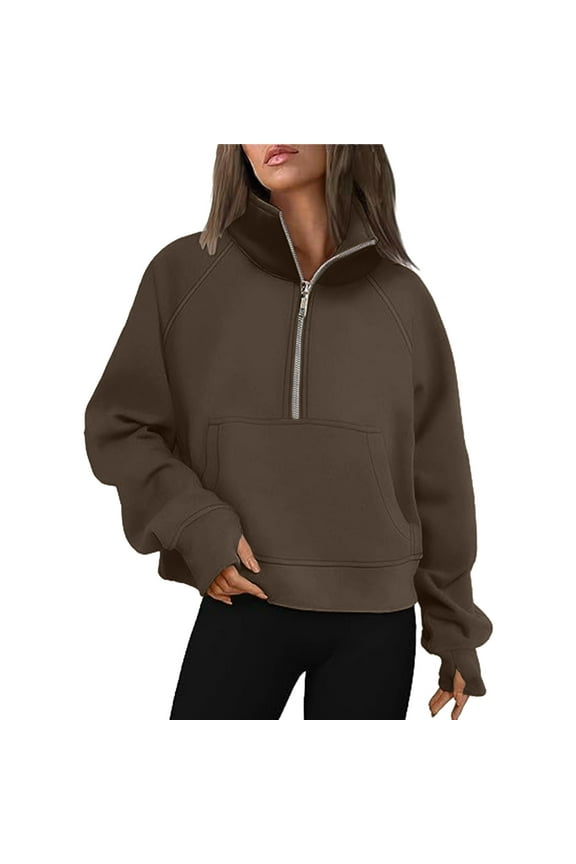 Women's Zip Sweatshirt Quarter Zip Pullover Casual Long Sleeve Fashion Sweatshirt(Coffee,M)