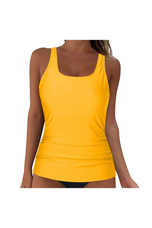 Womens Blouson Tankini Top No Bottom Loose Fit Swim Top Modest Tank Top(Z2-Yellow,M)