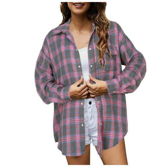 Hessimy Womens Buffalo Plaid Flannel Shirt Long Sleeve Collar Button Up Blouses Lightweight Tops(Z01-Purple,XL)