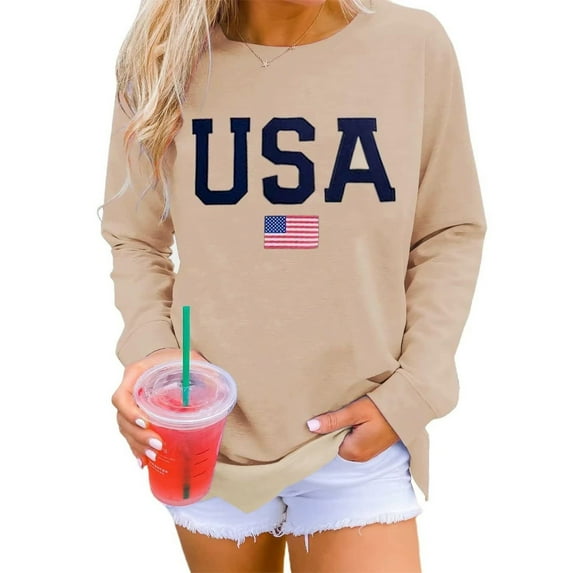 Hessimy Womens Casual Long Sleeve Graphic Tee Shirts Crew Neck Sweatshirts Pullover Tops for Women(Khaki,XL)