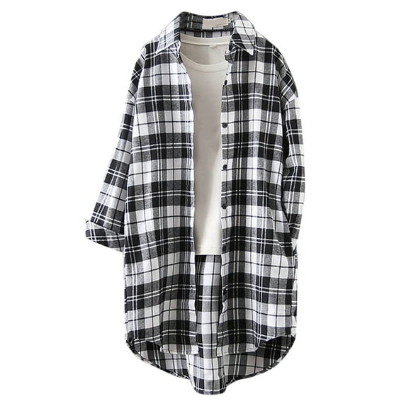 Hessimy Womens Flannel Plaid Long Shirt Jacket Button Down Long Sleeve Shacket Coat Fall Vintage Outwear(White,XXL)