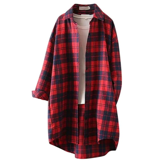Hessimy Womens Flannel Plaid Shacket Jacket Casual Lapel Button Down Tartan Trench Coat Long Sleeve Shirts With Pockets(Red,M)