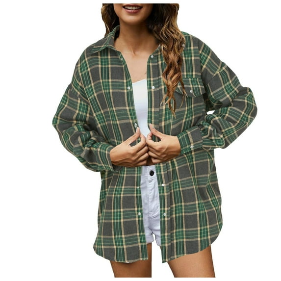 Hessimy Plaid Shirt for Women Oversized Flannel Long Sleeve Shirts Casual Button Down Blouse Tops with Pockets(Dark Green,M)