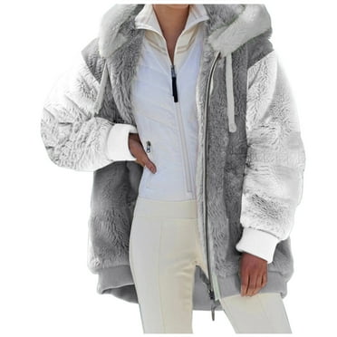 Hessimy Womens Fuzzy Jacket Open Front Hooded Color Block Cardigan Coats Outwear with Pockets(Grey,3XL)