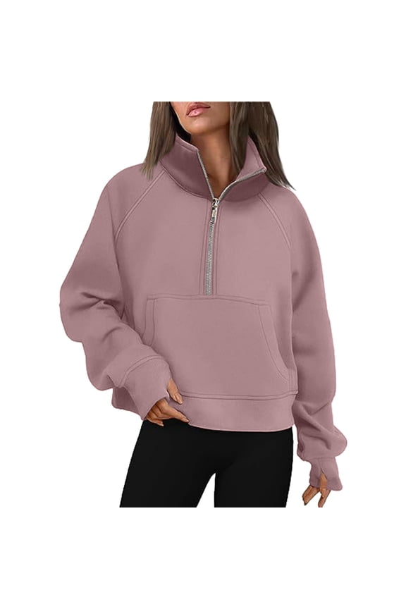 Womens Half Zip Cropped Pullover Sweatshirts Fleece Quarter Zipper Hoodies Winter Clothes Sweaters Thumb Hole(Z02-Pink,M）