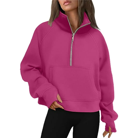 Hessimy Womens Half Zip Oversized Hoodies Lined Pullover Crop Top Long Sleeve Sweatshirts Quarter Zip Scuba Sweater(Hot Pink,XL)