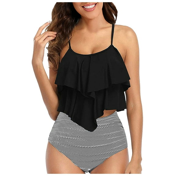 Hessimy Womens High Waisted Bathing Suits Flounce Halter Bikini Bottoms Tummy Control Modest Swimwear Two Piece Swimsuits(Light Gray,L)