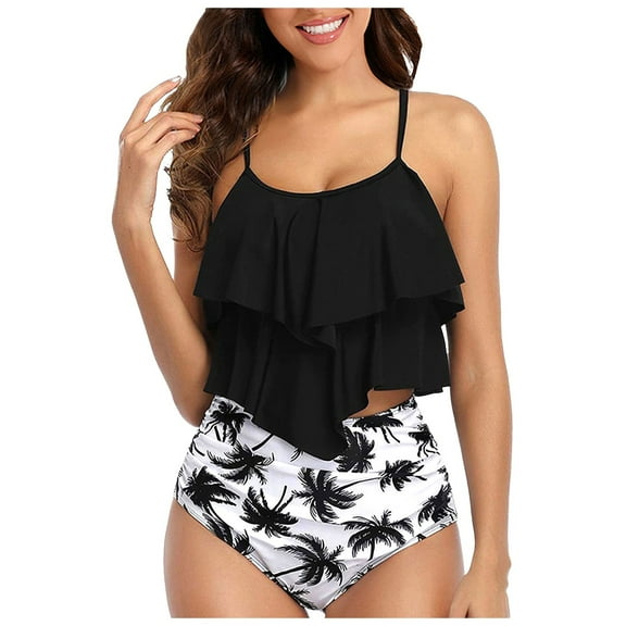 Hessimy Womens High Waisted Bathing Suits Flounce Halter Bikini Bottoms Tummy Control Modest Swimwear Two Piece Swimsuits(White,L)