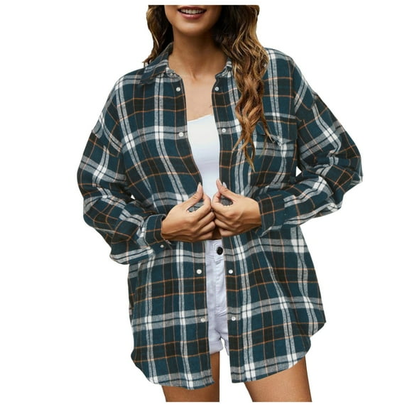Hessimy Womens Long Sleeve Button Up Shirt Casual Plaid Flannel Shirt Collared Blouse Tops(Z01-Dark Blue,L)