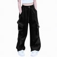 thumbnail image 1 of Hessimy Womens Loose Fit Baggy Cargo Pants Teen Girls Trendy Low Waist Parachute Pants Wide Leg Trousers Hiking Pants Straight Denim Pants color grid (Black,13-14 Years), 1 of 4
