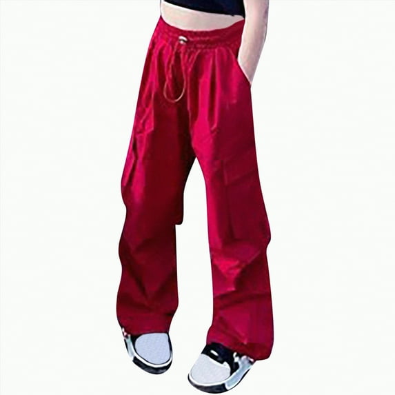 Hessimy Womens Loose Fit Baggy Cargo Pants Teen Girls Trendy Low Waist Parachute Pants Wide Leg Trousers Hiking Pants Straight Denim Pants color grid (Red,13-14 Years)
