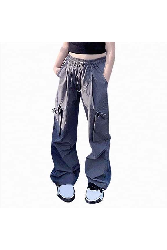 Womens Loose Fit Baggy Cargo Pants Teen Girls Trendy Low Waist Parachute Pants Wide Leg Trousers Hiking Pants Straight Denim Pants color grid (Gray,9-10 Years)