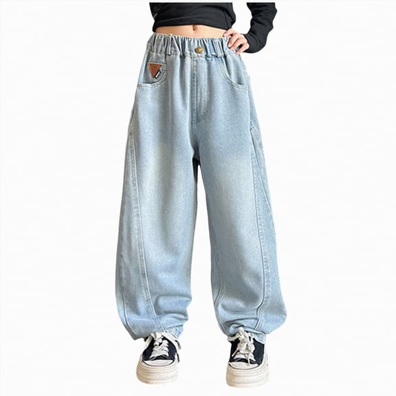 Hessimy Womens Loose Fit Baggy Versatile Pants Teen Girls Trendy Whiskered Pants Wide Leg Trousers Hiking Pants Autumn Winter Spring Summer (Light Blue,5-6 Years)