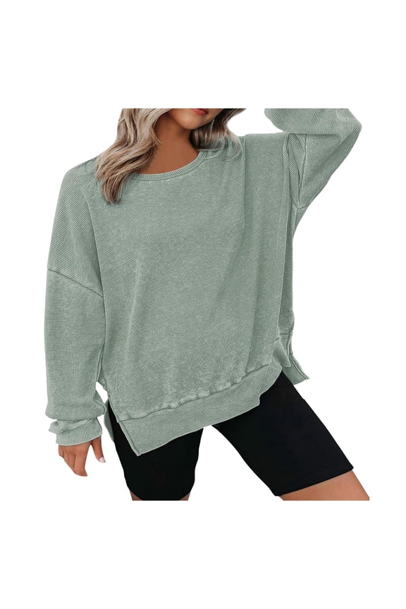 Womens Oversized Waffle Knit Crewneck Sweatshirts Long Sleeve Side Slits Casual Pullover Sweatshirt Tops(AG,XL)