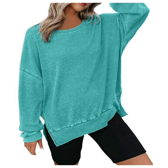 Hessimy Womens Oversized Waffle Knit Crewneck Sweatshirts Long Sleeve Side Slits Casual Pullover Sweatshirt Tops(Sky Blue,L)