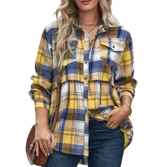 Hessimy Womens Plaid Flannel Shirts Long Sleeve Button Down Blouses Tops(Yellow,L)