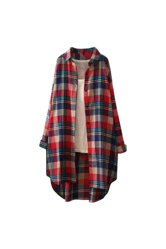 Womens Plus Size Flannel Plaid Button Down Shirts Long Sleeve Lounge Lapel Tartan Shacket Jacket Long Coats(Red,XXL)