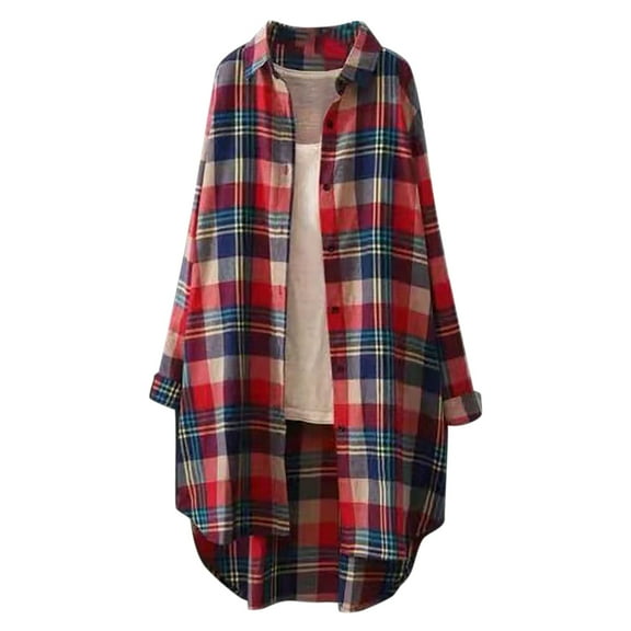 Hessimy Womens Plus Size Flannel Plaid Button Down Shirts Long Sleeve Lounge Lapel Tartan Shacket Jacket Long Coats(Red,XXL)