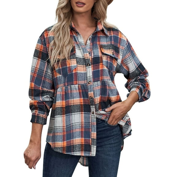 Hessimy Womens Plus Size Flannel Plaid Shirts Roll Up Long Sleeve Casual Collared Button Down Shirt Loose Blouse Top(Orange,S)
