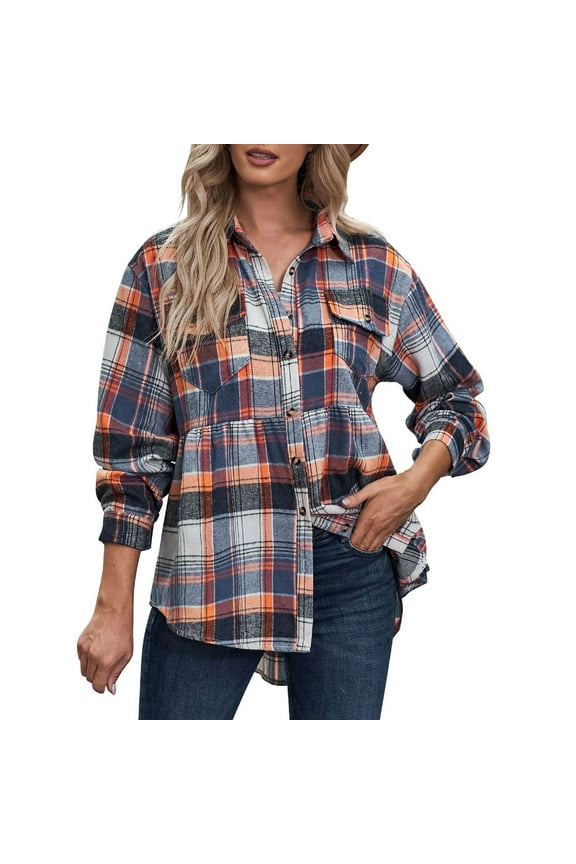 Womens Plus Size Flannel Plaid Shirts Roll Up Long Sleeve Casual Collared Button Down Shirt Loose Blouse Top(Orange,S)