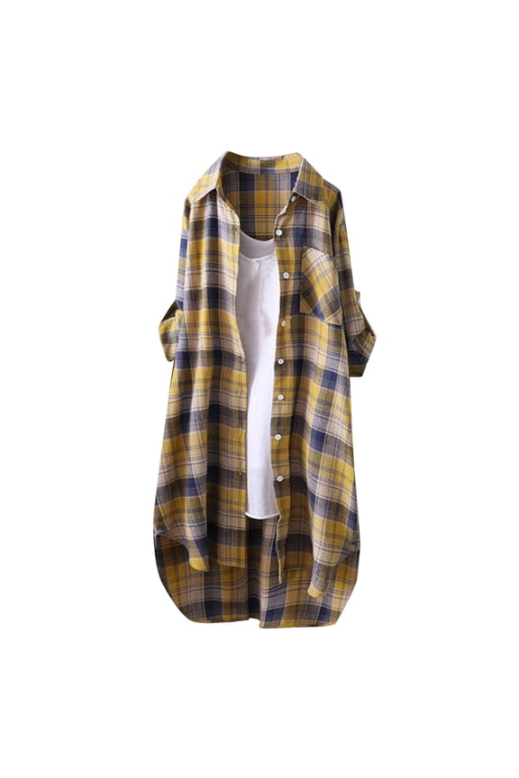 Women's Oversized Plaid Shirts Flannel Button-Down Fairy Grunge Blouse Roll Up Long Sleeve Fall Spring Tops(Z01-Yellow,XL)