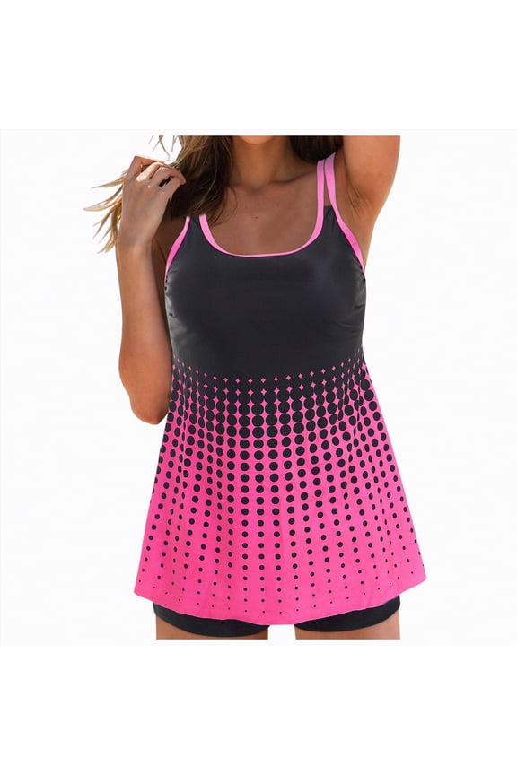 Womens Tankini Bathing Suits, Two-Piece Swim Dress, Print Swimsuits with Board Shorts(Hot Pink,XXL)