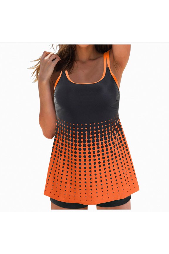 Womens Tankini Bathing Suits, Two-Piece Swim Dress, Print Swimsuits with Board Shorts(Orange,XXL)