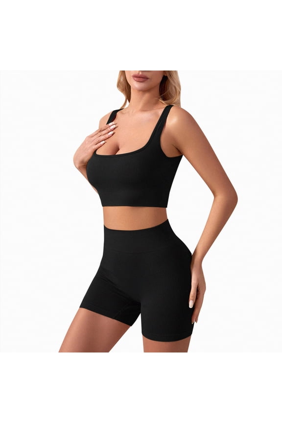 Womens Workout Sets Two Piece Cross Back Tank Top Matching High Waist Leggings Sets Gym Outfits Work Out Clothes(Black,L)