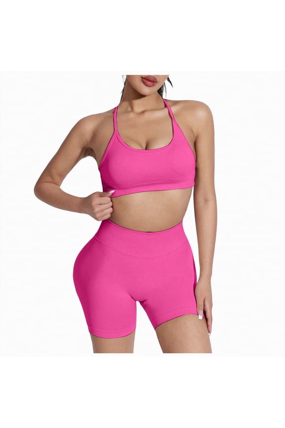 Workout Sets for Women 2 Piece Padded Sports Bra Tank High Waist Booty Gym Shorts Active Yoga Outfits(Hot Pink,L)