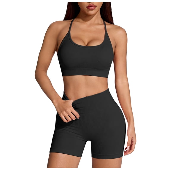 Hessimy Workout Sets for Women 2 Piece - Seamless Yoga Outfits Shorts and Padded Sports Bra Gym Athletic Clothing Set(Black,M)