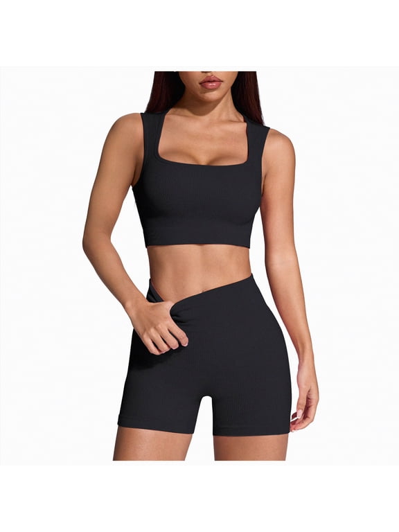 Workout Sets for Women 2 Piece - Seamless Yoga Outfits Shorts and Padded Sports Bra Gym Athletic Clothing Set(Black,M)
