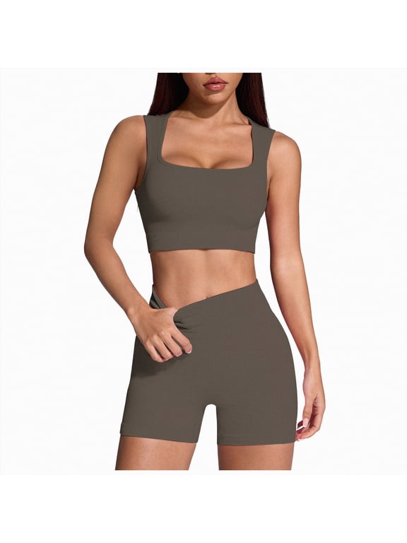 Workout Sets for Women 2 Piece - Seamless Yoga Outfits Shorts and Padded Sports Bra Gym Athletic Clothing Set(Brown,L)