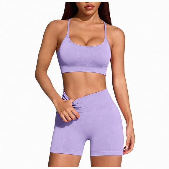 Hessimy Workout Sets for Women 2 Piece - Seamless Yoga Outfits Shorts and Padded Sports Bra Gym Athletic Clothing Set(Light Purple,S)