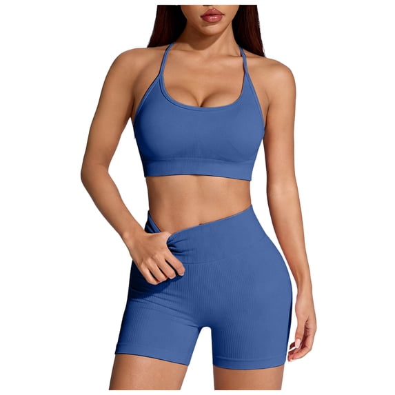 Hessimy Workout Sets for Women 2 Piece - Seamless Yoga Outfits Shorts and Padded Sports Bra Gym Athletic Clothing Set(Navy,L)