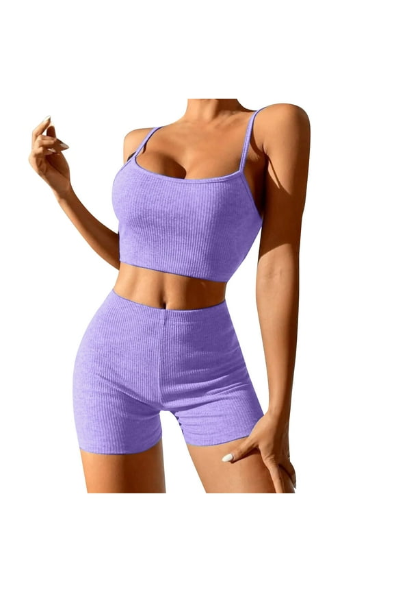 Workout Sets for Women 2 Piece - Seamless Yoga Outfits Shorts and Padded Sports Bra Gym Athletic Clothing Set(Purple,M)