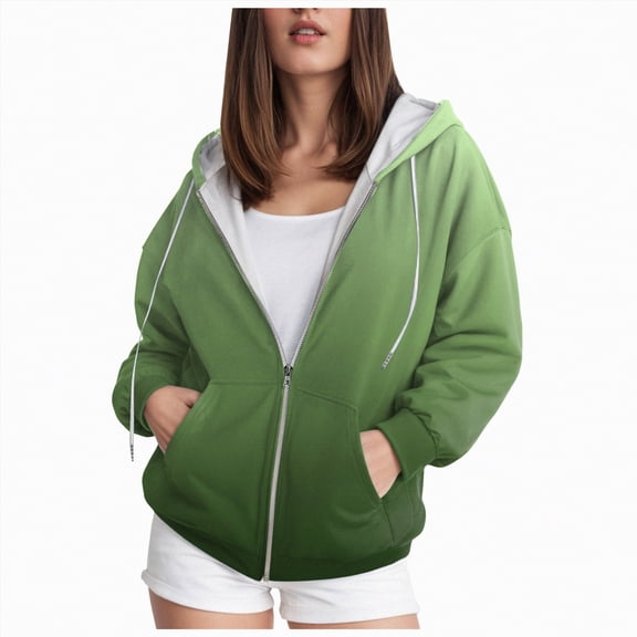 Hessimy Zip Up Hoodie Women Long Sleeve Sweatshirts Fall Outfits Casual Oversized Full Zip Hooded Jacket Fashion Essentials Hoodie Cropped Hoodie Y2k (Green,XS)