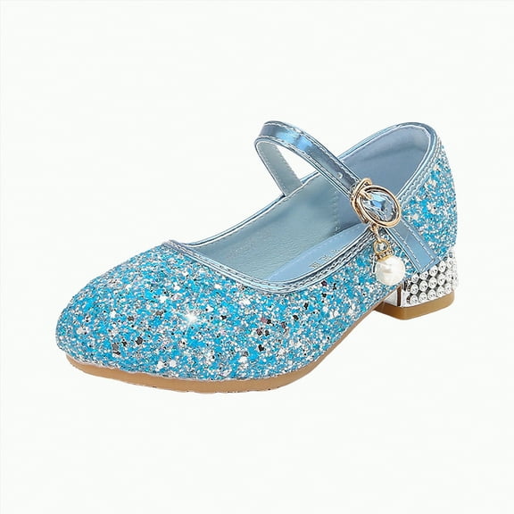 Hessimy girls school shoes mary jane flats black uniform dress shoes for little bigs kids Low Heels Glitter Flower Party Wedding Footwear school Rhinestone Sequin (Blue,2.5)
